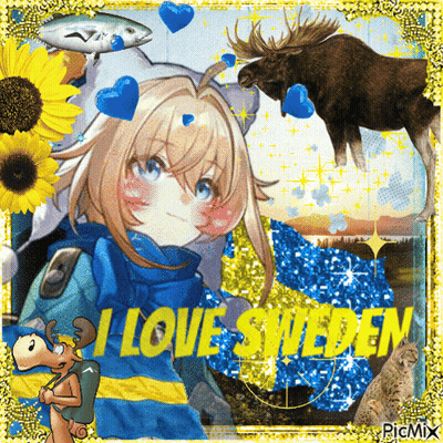 A Picture Of A Girl And A Moose With The Words " I Love Sweden " GIF