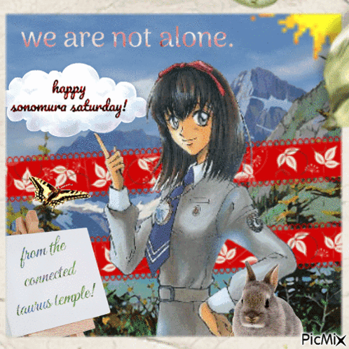 A Picture Of A Girl And A Rabbit With The Words We Are Not Alone GIF
