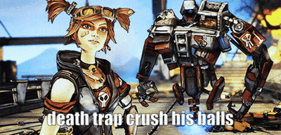 A Picture Of A Girl And A Robot With The Words Death Trap Crush His Balls GIF