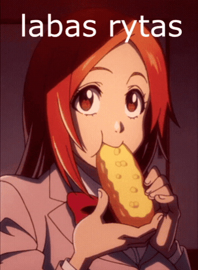 A Picture Of A Girl Eating A Donut With The Words " Labas Rytas " Written Above Her GIF