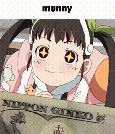 A Picture Of A Girl Holding A Bill That Says Nippon Ginko On It GIF