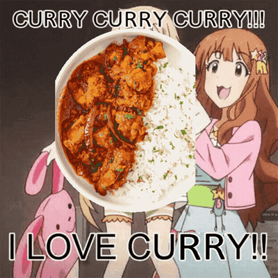A Picture Of A Girl Holding A Bowl Of Curry With The Words Curry Curry Curry GIF