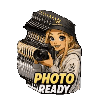 A Picture Of A Girl Holding A Camera With The Words Photo Ready Above Her Sticker
