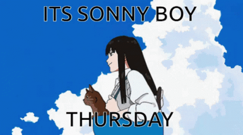 A Picture Of A Girl Holding A Cat With The Words Its Sonny Boy Thursday GIF