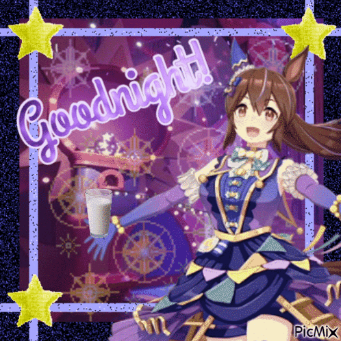 A Picture Of A Girl Holding A Cup Of Milk With The Words Goodnight Written On It GIF