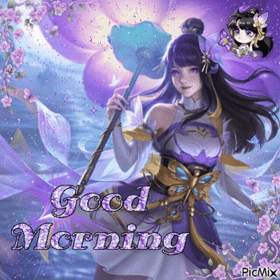 A Picture Of A Girl Holding A Fan With The Words Good Morning Written On It GIF