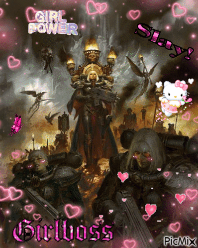 A Picture Of A Girl Holding A Gun With The Words Girl Power And Slay Written On It GIF