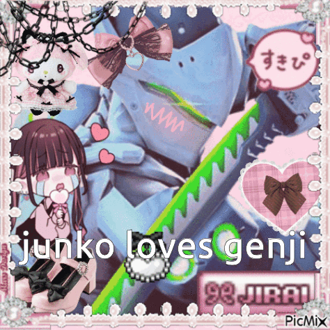 A Picture Of A Girl Holding A Gun With The Words Junko Loves Genji GIF