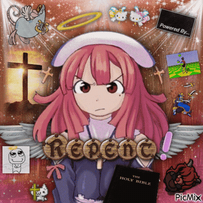 A Picture Of A Girl Holding A Holy Bible With The Word Repent Written On It GIF
