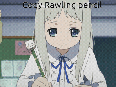 A Picture Of A Girl Holding A Pencil That Says Cody Rawling Pencil On It GIF