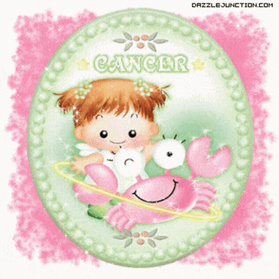 A Picture Of A Girl Holding A Pink Crab With The Word Cancer On It GIF
