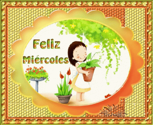 A Picture Of A Girl Holding A Potted Plant With Feliz Miercoles Written On It GIF