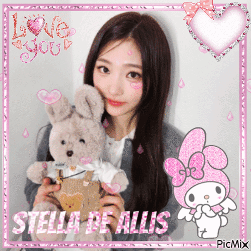 A Picture Of A Girl Holding A Stuffed Animal With The Name Stella Be Allis On It GIF