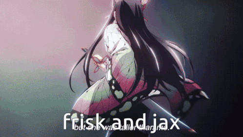 A Picture Of A Girl Holding A Sword And The Words Frisk And Jax GIF