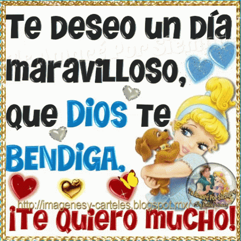 A Picture Of A Girl Holding A Teddy Bear With The Words " Te Deseo Un Dia Maravilloso Que Dios Te Bendiga " GIF
