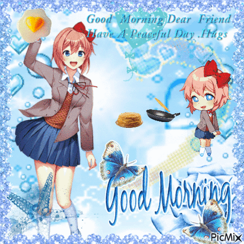 A Picture Of A Girl Holding An Egg And Pancakes With The Words Good Morning Dear Friend GIF