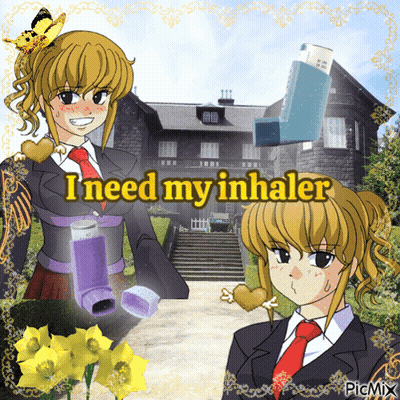 A Picture Of A Girl Holding An Inhaler With The Words I Need My Inhaler Below Her GIF
