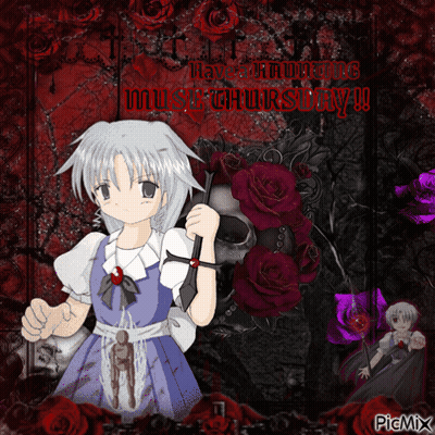 A Picture Of A Girl Holding An Umbrella With A Skull And Red Roses Behind Her GIF