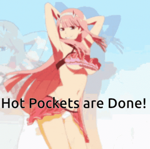 A Picture Of A Girl In A Bikini With The Words Hot Pockets Are Done Below Her GIF