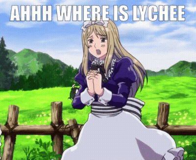 A Picture Of A Girl In A Field With The Words " Ahhh Where Is Lychee " GIF