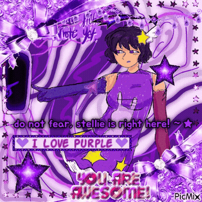 A Picture Of A Girl In A Purple Outfit That Says " Do Not Fear Stellie Is Right Here I Love Purple " GIF