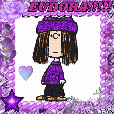 A Picture Of A Girl In A Purple Outfit With Eudora Written On The Top GIF