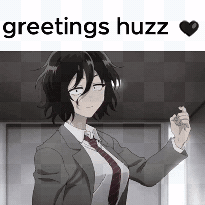 A Picture Of A Girl In A Suit And Tie With The Words Greetings Huzz GIF