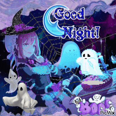A Picture Of A Girl In A Witch Costume With Ghosts And Says Good Night GIF