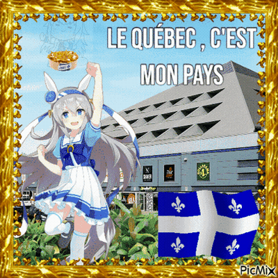 A Picture Of A Girl In Front Of A Building With The Words Le Quebec C'est Mon Pays GIF