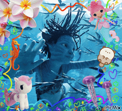 A Picture Of A Girl In The Ocean With Jellyfish And A Unicorn GIF