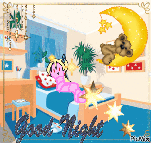 A Picture Of A Girl Laying On A Bed With The Words Good Night Written On The Bottom GIF