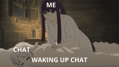 A Picture Of A Girl Laying On A Bed With The Words Me Chat Waking Up Chat Below Her GIF