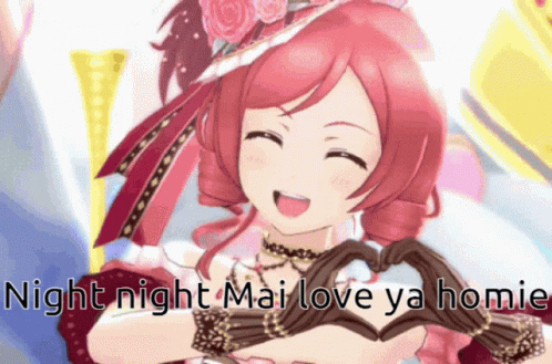 A Picture Of A Girl Making A Heart With Her Hands And The Words Night Night Mai Love Ya Home Below Her GIF