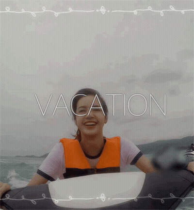 A Picture Of A Girl On A Jet Ski With The Word Vacation On It GIF