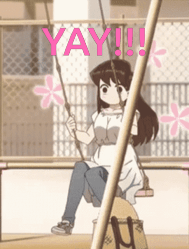 A Picture Of A Girl On A Swing With The Word Yay Written Above Her GIF
