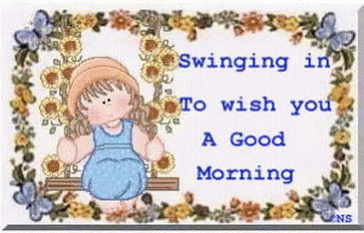 A Picture Of A Girl On A Swing With The Words Swinging In To Wish You A Good Morning On It GIF