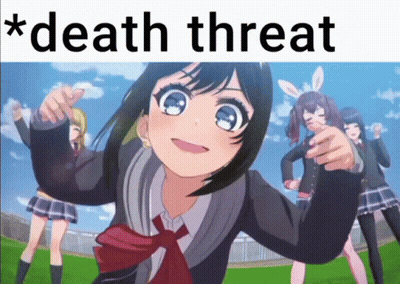 A Picture Of A Girl Pointing At The Camera With The Words * Death Threat * Below It GIF