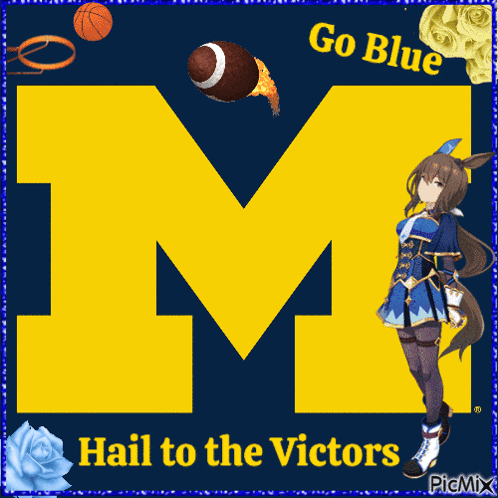 A Picture Of A Girl Standing In Front Of A Large Letter M With The Words Go Blue Hail To The Victors GIF