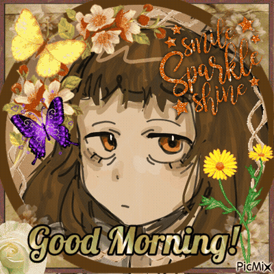 A Picture Of A Girl Surrounded By Flowers And Butterflies With The Words Good Morning GIF