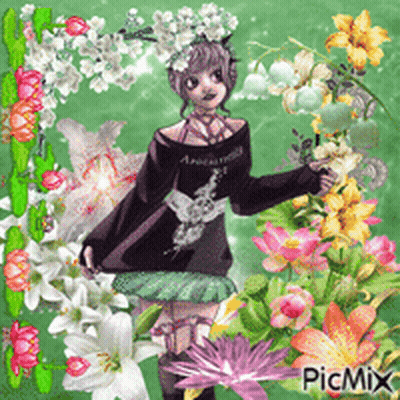 A Picture Of A Girl Surrounded By Flowers With Picmix Written On The Bottom GIF