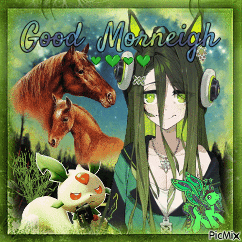A Picture Of A Girl Surrounded By Horses With The Words Good Morneigh GIF