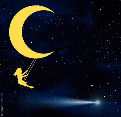 A Picture Of A Girl Swinging On A Crescent Moon With The Words Good Night Sleep Well Dream Big GIF