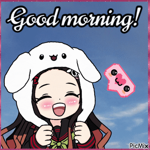A Picture Of A Girl Wearing A Bunny Hat And The Words Good Morning GIF