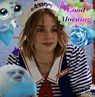 A Picture Of A Girl Wearing A Hat That Says Ahoy On It GIF