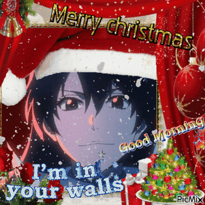 A Picture Of A Girl Wearing A Santa Hat Says Merry Christmas I 'M In Your Walls Good Morning GIF