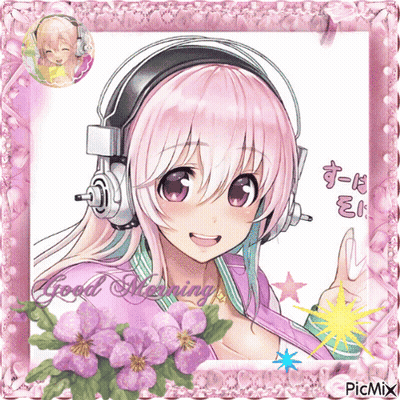 A Picture Of A Girl Wearing Headphones With The Words Good Morning On The Bottom GIF