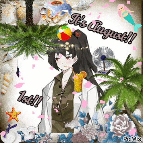 A Picture Of A Girl With A Beach Ball On Her Head And The Words It 'S August GIF