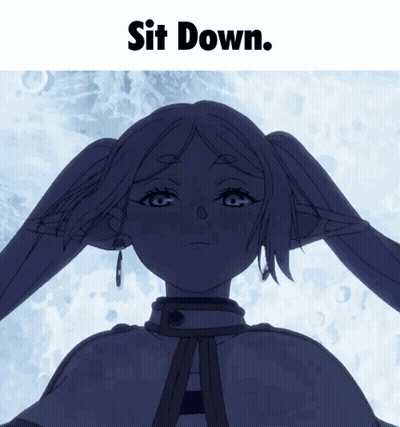 A Picture Of A Girl With A Caption That Says " Sit Down " GIF