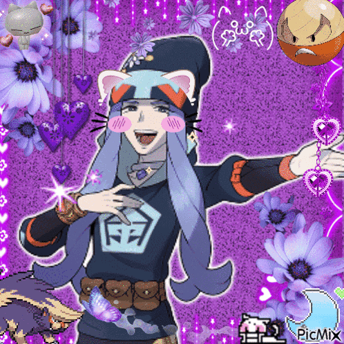 A Picture Of A Girl With A Cat Hat And A Picmix Logo On The Bottom GIF