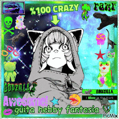 A Picture Of A Girl With A Cat Hood And The Words " Godzilla Awesome " GIF